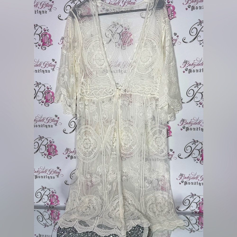 Cardigan Bohemian Lace Kimono Cardigan - White cream tie up ribbon belt ONESIZE